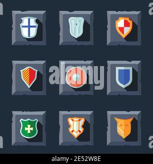 Les boucliers militaires antiques cimier médiéval heraldry plate icônes ensemble isolé illustration vectorielle Illustration de Vecteur