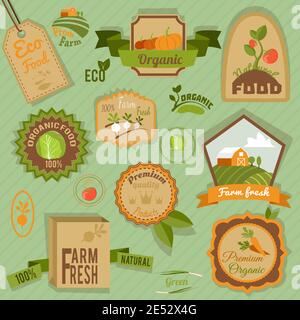 ECO Farm aliments biologiques frais légumes étiquettes et ensembles d'emblèmes illustration vectorielle isolée Illustration de Vecteur