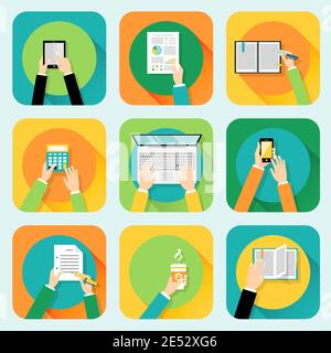 Kit mains humaines tenant en contact avec les téléphones portables ordinateur et bureau fournit une illustration vectorielle de concept Illustration de Vecteur