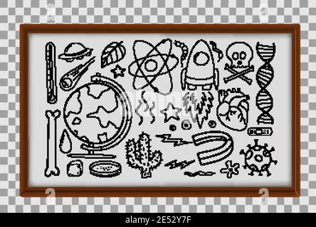 Différents coups de doodle au sujet des équipements de science dans le cadre en bois sur illustration d'arrière-plan transparente Illustration de Vecteur