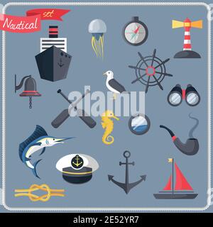 Icônes décoratives de navigation de mer avec compas au volant illustration du vecteur phare Illustration de Vecteur