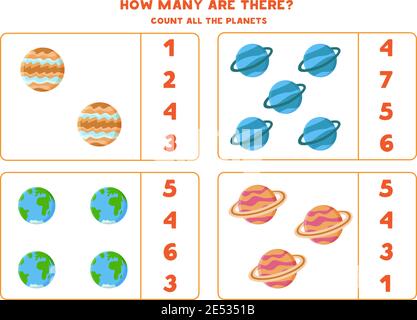 Compter toutes les planètes du système solaire et entourer la bonne réponse. Jeu de mathématiques pour enfants. Illustration de Vecteur