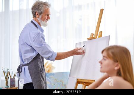 artiste dessin portrait d'une femme modèle sur toile, jeune femme caucasienne assis sur un canapé posant pour l'art Banque D'Images