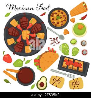 Collection de recettes et de repas de cuisine mexicaine traditionnelle. Desserts et hors-d'œuvre, tacos aux ingrédients épicés, légumes et viande sur l'assiette. Illustration de Vecteur