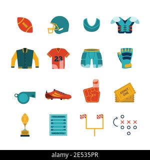 Collection de pictogrammes plats d'accessoires de jeu de rugby avec équipement de protection de la poitrine et illustration vectorielle abstraite isolée du bouclier de la gomme Illustration de Vecteur