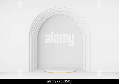 3D de cercle podium blanc avec bord doré, cadre de porte. Maquette pour la bannière de marquage des produits et les produits cosmétiques. Présentation du produit Banque D'Images