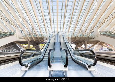 Vue symétrique grand angle de deux escaliers roulants sur les plates-formes De la gare de Liège-Guillemins Banque D'Images