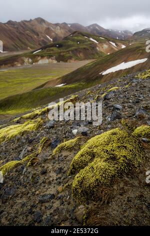 Paysage islandais avec les collines en pente de couleur de Landmannalaugar en dessous un ciel nuageux Banque D'Images