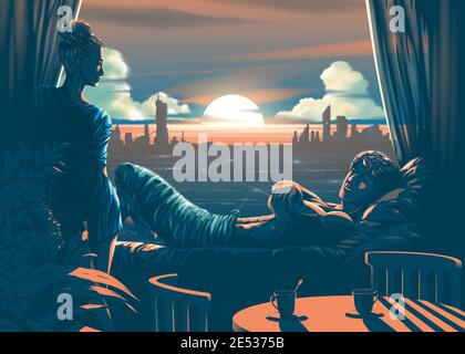 Illustration vectorielle de l'amant à l'intérieur de la pièce avec un magnifique coucher de soleil le soir et la silhouette du ville en arrière-plan Illustration de Vecteur