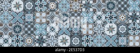 fond en carreaux sans couture de style portugais. Motif mosaïque bleu et blanc. Carreaux de céramique de style néerlandais, portugais, espagnol, italien. Banque D'Images