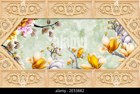 illustration 3d, fond en marbre vert, grandes fleurs magnolia dans un grand cadre en marbre beige avec décoration florale Banque D'Images