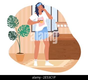 Femme endormi se réveillant le matin, illustration vectorielle plate. Triste fille avec une tasse de café. Illustration de Vecteur