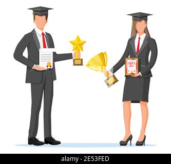 Une femme d'affaires et un homme qui ont remporté le trophée et qui ont reçu un certificat de récompense célèbre la victoire. Succès, triomphe, objectif ou réalisation. Victoire de la concurrence. Illustration vectorielle plate Illustration de Vecteur