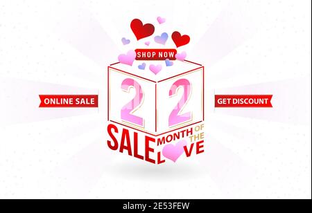 2.2 vente, 2.2 vente en ligne, mois de l'amour Vente, boîte cadeau et amour avec la vente cube numéro de modèle signe ruban rouge avec arrière-plan isolé, pour affiche Illustration de Vecteur