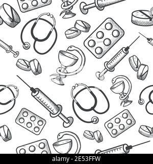 Seamless background d'articles médicaux du phonendoscope comprimés et la seringue d'illustration vectorielle isolés Illustration de Vecteur