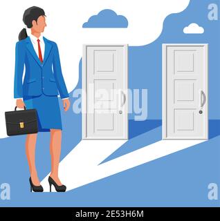 Femme d'affaires debout devant deux portes fermées. Choix. Symbole de la décision et du choix, des opportunités ou du cheminement de carrière, décider de la direction. Femme d'affaires avant de choisir. Illustration vectorielle plate Illustration de Vecteur