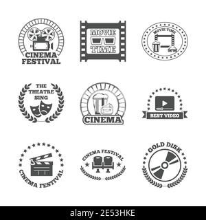 Cinéma cinéma cinéma disque doré meilleur festival vidéo rétro noir les icônes d'étiquettes de style définissent l'illustration vectorielle isolée Illustration de Vecteur