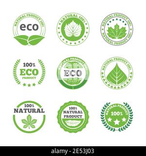 Les symboles de feuilles vertes écologiques sont des produits bio de qualité biologique respectueux de la terre collection d'étiquettes rondes résumé illustration vectorielle isolée Illustration de Vecteur