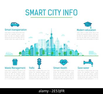 Infos sur la ville intelligente. Ville de Moder. Style linéaire rempli d'infographies vectorielles. Pharmacie en ligne, éducation et alimentation. Santé et transports intelligents. Économisez de l'eau Illustration de Vecteur