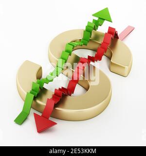 Flèches de statistiques croissantes et décroissantes formant un signe de dollar avec la lettre S. illustration 3D. Banque D'Images