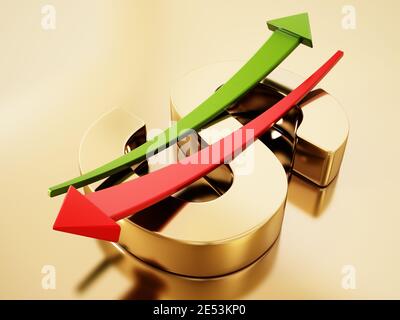 Flèches de statistiques croissantes et décroissantes formant un signe de dollar avec la lettre S. illustration 3D. Banque D'Images