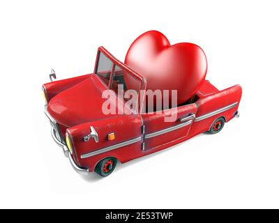 Cœur rouge en voiture de sport de dessin animé, concept de thème de la Saint-Valentin, rendu 3d Banque D'Images