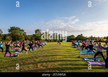 Un groupe participe à un cours de yoga en plein air au coucher du soleil dans un parc, éclairé par le soleil couchant qui projette des ombres sur le terrain. Banque D'Images