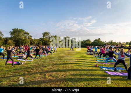 Un groupe participe à un cours de yoga en plein air au coucher du soleil dans un parc, éclairé par le soleil couchant qui projette des ombres sur le terrain. Banque D'Images