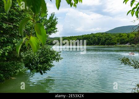 Lac d'été entouré d'arbres verts. Un lieu de loisirs dans la nature. Le concept d'été, de vacances, de passe-temps heureux. Air frais propre, eau chaude, p Banque D'Images