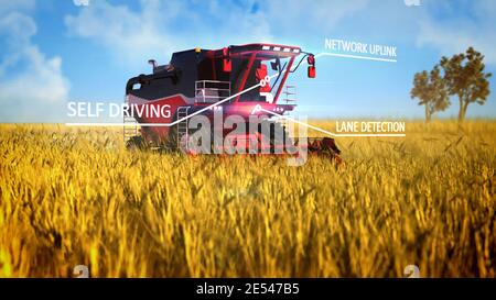 Illustration 3D industrielle avec superposition numérique de la moissonneuse-batteuse pilote automatique travail sur le champ agricole Banque D'Images