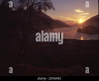 Ecosse, Iverness-Shire. Matin glacial par le Loch Shiel avec une épaisse couche de gel sur le bouleau. Avec le Glenfinnan Monument debout, en 1745, le Jacobite Rising commença à Glenfinnan, quand le prince Charles Edward Stuart (« Bonnie Prince Charlie ») leva son standard sur les rives de ce loch. En 1815, le monument Glenfinnan de 18 m (60 pi), à la tête du loch, a été érigé pour commémorer cet événement historique.photo prise Circa 1980. Photo de la collection Tony Henshaw/Tom Parker Scanné à partir d'une transparence originale de 5'x4' à partir d'une archive unique et étonnante de la photographie originale de la BRI Banque D'Images