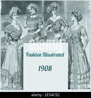 Dames Fashion 1908, longues et élégantes lignes avec corset pour obtenir une silhouette étroite avec la poitrine complète, complété par Gibson fille coiffure, lacets et franges Banque D'Images