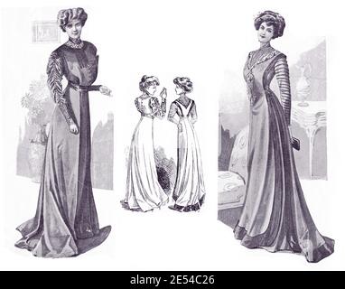 Dames Fashion 1908, longues et élégantes lignes avec corset pour obtenir une silhouette étroite avec la poitrine complète, complété avec Gibson fille hairstyle, frontal et vue arrière Banque D'Images