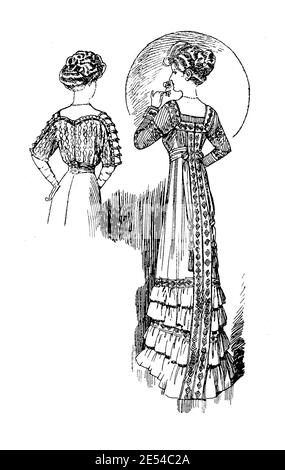 Dames Fashion 1908, longues et élégantes lignes avec corset pour obtenir une silhouette étroite avec la poitrine complète, complété avec Gibson fille hairstyle, frontal et vue arrière Banque D'Images