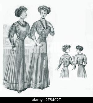 Dames Fashion 1908, longues et élégantes lignes avec corset pour obtenir une silhouette étroite avec la poitrine complète, complété avec Gibson fille hairstyle, frontal et vue arrière Banque D'Images