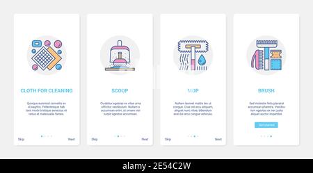 Outils ménagers appareils pour nettoyer l'illustration vectorielle de la maison. UX, UI Onboarding mobile application page Screen Set avec pelle à poussière ligne et balai pour nettoyer le sol, balai à brosse plus propre pour les symboles de travaux ménagers Illustration de Vecteur