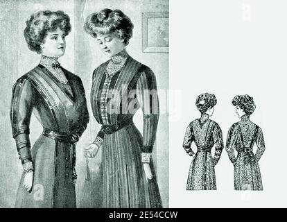 Dames Fashion 1908, longues et élégantes lignes avec corset pour obtenir une silhouette étroite avec la poitrine complète, complété avec Gibson fille hairstyle, frontal et vue arrière Banque D'Images