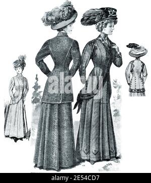 Dames Fashion 1908, longues et élégantes lignes avec corset pour obtenir une silhouette étroite avec la poitrine complète, complété par des chapeaux larges et Gibson fille coiffure, frontal et vue arrière Banque D'Images