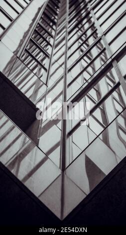 Vue verticale en niveaux de gris des fenêtres d'un bâtiment Banque D'Images