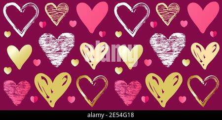 Motif coeur de Saint-Valentin sur fond rose. Motif sans couture avec coeurs en gribouleur rose, or et blanc pour les flyers Illustration de Vecteur