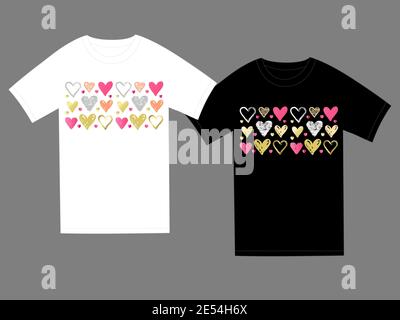 Coeurs colorés pour l'illustration du modèle de t-shirt. Motif de dessin Doodle imprimé avec de jolis coeurs en gribouillage rose, or et blanc, t-shirt noir Illustration de Vecteur