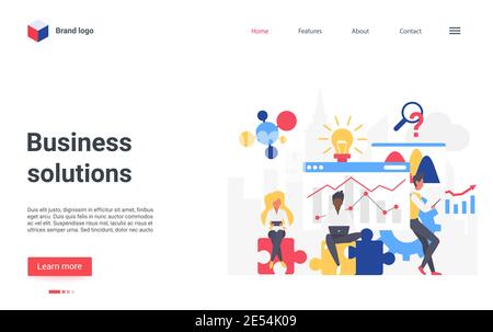 Illustration du vecteur de concept de travail d'équipe pour les solutions d'entreprise. Cartoon homme d'affaires personnages équipe travaillant sur la stratégie de partenariat de coopération, assis sur des pièces de puzzle, résoudre des problèmes d'affaires page d'arrivée Illustration de Vecteur