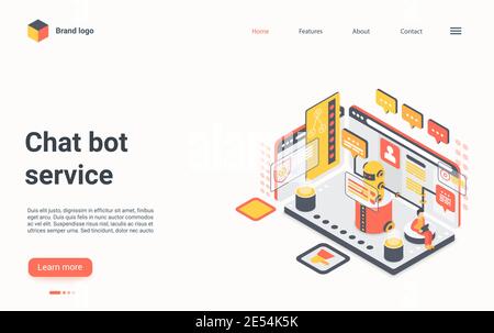 Illustration vectorielle isométrique du concept de service de robot de chat. Support virtuel de chat 3D de cartoon, client discutant avec ai robot, conseil en dialogue, page d'accueil de technologie futuriste numérique Illustration de Vecteur