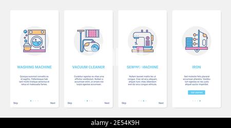 Illustration vectorielle des appareils ménagers pour le nettoyage des travaux ménagers. UX, UI Onboarding mobile application page ensemble d'écran avec technologie de ligne, lave-linge aspirateur fer machine à coudre à nettoyer et laver Illustration de Vecteur