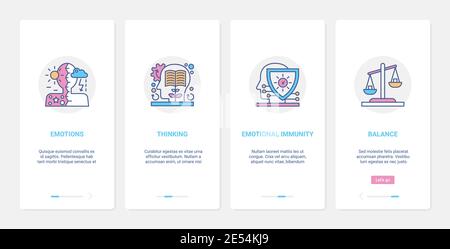 Illustration du vecteur du concept de profil de la tête humaine, d'émotions et d'équilibre de pensée. UX, UI Onboarding mobile application page Screen Set avec ligne d'immunité émotionnelle, la paix intérieure, balance balance symboles abstraits Illustration de Vecteur
