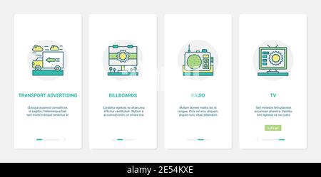 Illustration vectorielle de la technologie de publicité dans les médias de masse. UX, UI Onboarding mobile application page écran set avec radio ligne tv publicité sur le panneau d'affichage de transport pour annoncer des produits et des services Illustration de Vecteur