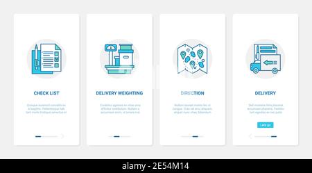 Illustration du vecteur de post-service de chargement de livraison. UX, UI Onboarding mobile application page Screen Set avec ligne de pesage boîte postale paquet sur balance, liste de contrôle, direction sur la carte symboles abstraits Illustration de Vecteur