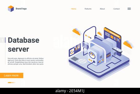 Illustration du vecteur isométrique du serveur de base de données. Service de centre de données d'hébergement virtuel en 3D de cartoon pour contrôler, analyser et gérer les fichiers de données, prendre en charge l'infrastructure système, page d'accueil des technologies modernes Illustration de Vecteur