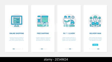 Achat en ligne, illustration du vecteur de service après livraison. UX, UI Onboarding mobile application page ensemble avec compagnie de ligne livrant des symboles abstraits, livraison rapide gratuite par le poste de messagerie Illustration de Vecteur