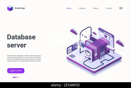 Illustration vectorielle isométrique de la technologie de serveur de base de données. Cartoon 3d big data flow processing résumé machine, infrastructure hôte de centre de données travaillant sur le développement de fichiers numériques page de renvoi Illustration de Vecteur